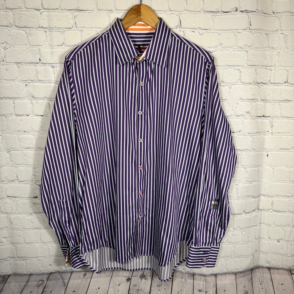 Robert Graham Mens Purple White Striped Button‎ Down Shirt Long Sleeve Cotton L